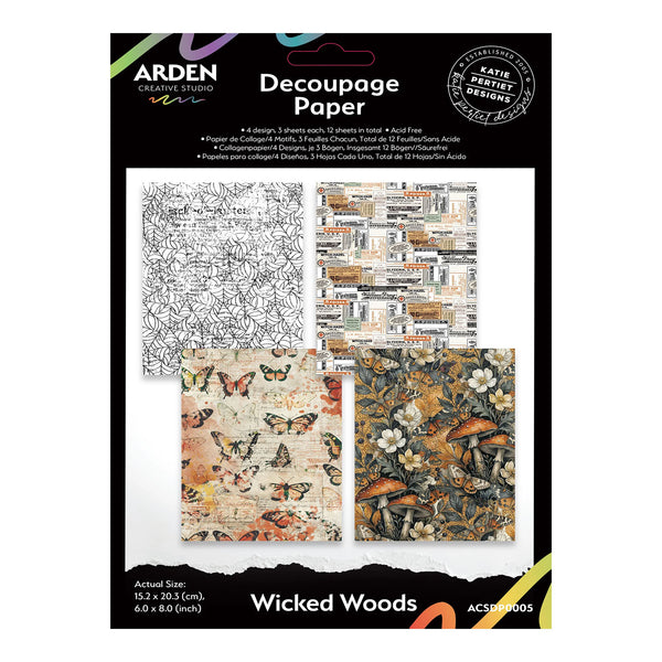 Arden Creative Studio Wicked Woods Decoupage Paper pack, featuring three distinct patterned sheets: a black and white sketchbook paper, a vintage newspaper collage sheet, and two woodland-themed sheets with butterflies and mushrooms. The packaging is black with white and yellow text.
