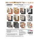 Back cover of the Arden Creative Studio Wicked Woods Paper Pad, showing the included 12 double-sided paper designs, dimensions, and product details on a white background.