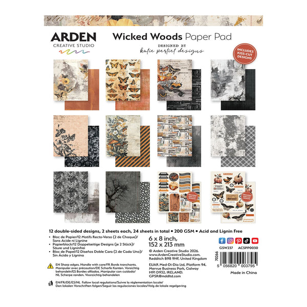 Back cover of the Arden Creative Studio Wicked Woods Paper Pad, showing the included 12 double-sided paper designs, dimensions, and product details on a white background.