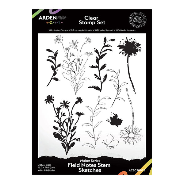 Clear stamp set with floral and botanical designs on a white background