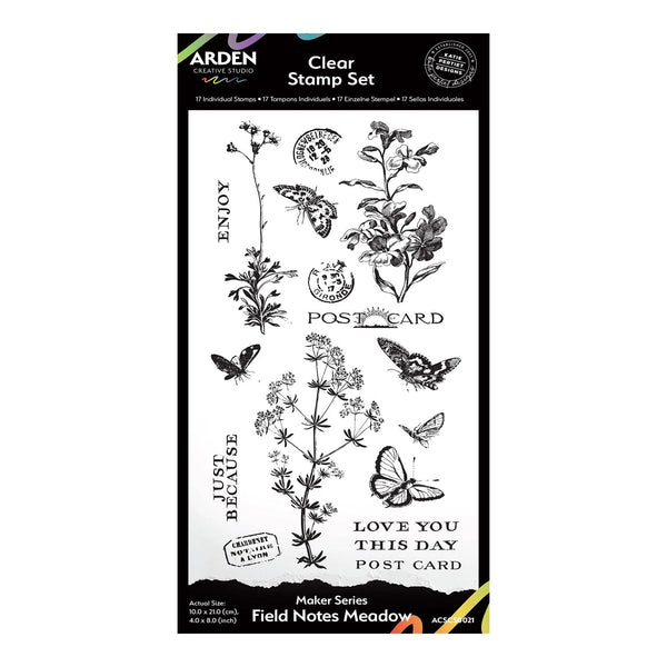 Clear stamp set with butterfly and plant designs on a white background