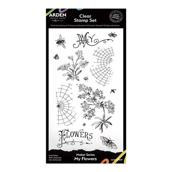 Clear stamp set packaging with floral and spider web designs on a white background