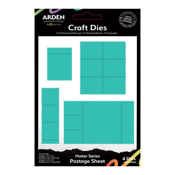 Packaging of Arden Creative Studio craft dies with teal shapes on a white background