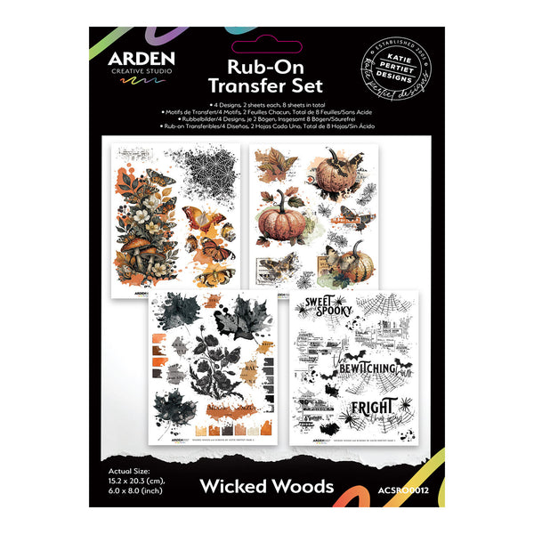 Arden Creative Studio Wicked Woods Rub-On Transfer Set packaging, showing four sample transfer sheets with autumn-themed illustrations and spooky text on a black background.