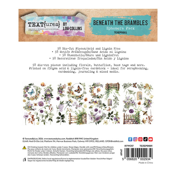 Packaging of 'Beneath the Brambles' ephemera pack by Textures by Lou Collins with decorative elements and branding.