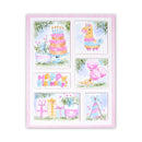 Set of birthday-themed cards with illustrations of a cake, llama, balloons, and party hats on a white background.
