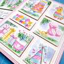 Collection of colorful birthday-themed greeting cards with various designs.