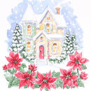 Watercolor-style illustration of a snowy winter house with red poinsettia flowers in the foreground, green trees, and a soft blue snowy sky.