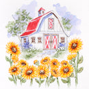 Watercolor-style illustration of a white barn with a red roof and red double doors, surrounded by bright yellow sunflowers, green trees, and soft blue sky washes on a white background.