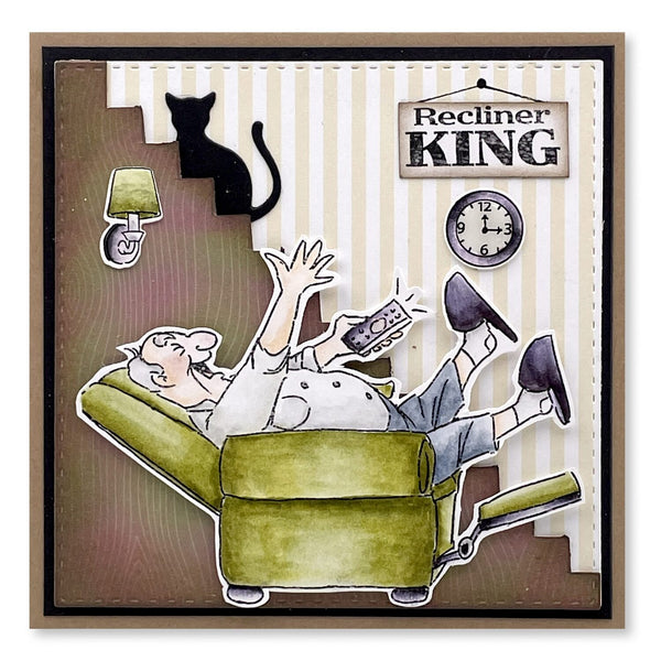 Illustration of a person lounging on a recliner with a cat and clock in the background, labeled 'Recliner King'.