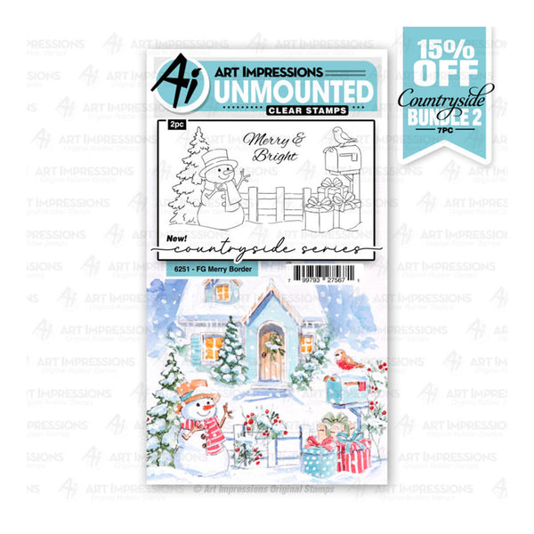 Art Impressions Unmounted Clear Stamps 'countryside series' Merry & Bright stamp set, featuring a watercolor winter house, snowman, birds, and gifts on the packaging, with a blue 15% off badge.