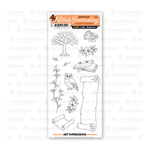 Art Impressions Bible Journaling clear stamps with nature-themed designs on a white background
