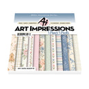 Art Impressions Paper Packs from the Bible Journaling Series, featuring a variety of pastel patterned cardstock sheets including floral, gingham, stripes, and bird designs.