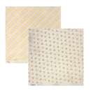 Two sheets of scrapbook paper displayed overlapping on a white background. One sheet features diagonal stripes in yellow, orange, and blue on a cream base, while the other features a repeating pattern of brown bees on a cream background.