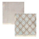 Two square patterned paper sheets overlapping on a white background. The top sheet has a small repeating geometric pattern in muted blue and beige.