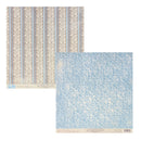 Two square sheets of patterned paper from Authentique, one featuring vertical stripes with floral and damask motifs in beige, blue, and gray, and the other featuring a light blue and white abstract floral pattern.