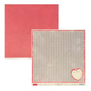 Two square paper sheets from Authentique Paper Products, one vintage solid coral red and one cream and black striped with a red border and a heart-shaped label.