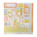 A sheet of Authentique Delightful 12x12 double-sided scrapbooking paper featuring a pastel multicolor design with stickers, labels, alphabet cutters, and patterned borders.