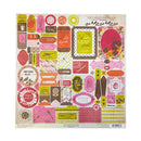 A sheet of scrapbook paper from the brand Authentique, featuring a dense collage of decorative labels, frames, floral elements, and text stickers in pink, orange, yellow, green, and brown tones on a light beige textured background.
