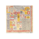 A square sheet of scrapbooking stickers featuring a vintage collage of labels, stamps, arrows, and decorative text elements in muted red, yellow, gray, and beige tones, shown against a plain white background.