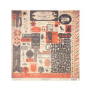 A square sheet of scrapbooking stickers with a vintage Halloween-themed collage design, featuring orange, black, and beige elements including labels, spooky illustrations, and decorative text.