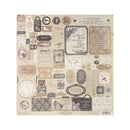 A square sheet of vintage-style scrapbooking Sticker featuring a collage of antique labels, postcards, botanical illustrations, and decorative text elements in muted beige, brown, and gray tones.