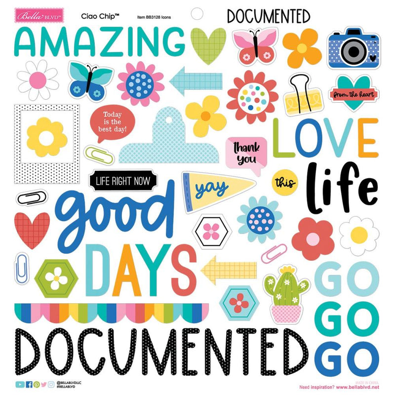 Bella Blvd Ciao Chipboard Stickers 12"X12" Icons, Documented