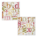 Two square cardstock featuring decorative alphabet letters and numbers in a patchwork collage style, displayed on a clean white background.