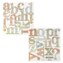 Two sheets of scrapbook die cut letter's featuring the alphabet and a question mark in a retro patterned design, displayed on a clean white background.