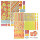 Two sheets of cardstock with multiple colorful patterned and solid color cutouts, including stripes, circles, abstract swirls, and small decorative shapes, arranged on a white background. 
