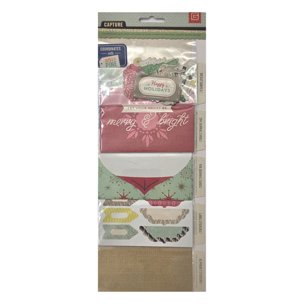 Capture by BaiscGrey Christmas holiday sticker set in clear plastic packaging, featuring red, green, and gold festive stickers.