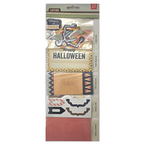 Capture by Craftstream Halloween scrapbooking paper pack featuring various themed sheets, stickers, and embellishments in a clear plastic sleeve.