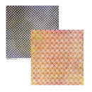 Two square patterned paper sheets overlapping on a white background. The top-left sheet has small white polka dots on a dark navy background, and the bottom-right sheet has a warm orange, yellow, and cream plaid pattern.