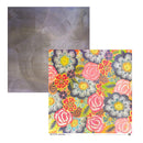 Two square paper sheets shown on a white background: one with a textured gray surface and one with a colorful floral pattern in pink, yellow, blue, green, and orange. The floral sheet is slightly offset in front.