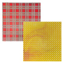 Two square patterned sheets cardstock shown on a white background: one red plaid with thin cream lines, and one yellow with a small white floral or dot pattern.
