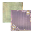 Two square scrapbook paper sheets, one with a textured sage green background and the other with a purple striped background and a floral border in pink, yellow, and white.