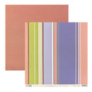Two sheets of patterned scrapbook paper from BTDT Designs, one in dusty rose with a subtle medallion pattern, and the other in a vertical stripe design featuring green, lavender, blue, pink, and white stripes.