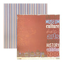 A sheet of scrapbook paper from BTDT designs featuring a terracotta orange textured background with vintage-style typography reading 'Museum, culture, arts, history, science, exhibition, zoo' and a small cityscape illustration along the bottom. A second striped paper layer is partially visible behind it.
