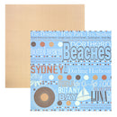 A square decorative paper card with a light blue background and multicolored typography reading 'The Domain : Hyde Park : Fox Studios' and other place names, shown in front of a larger tan perforated paper sheet on a white background.
