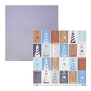 A sheet of double-sided scrapbook paper, featuring a textured Navy stripe reverse side and a printed front side with a grid of lighthouse illustrations in blue, brown, white, and black.