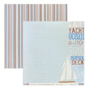 A sheet of scrapbooking paper with a nautical theme, featuring a light blue background with white script text, a white sailboat illustration, and vertical stripes in blue, orange, and brown on the reverse side.