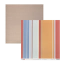 Two sheets of patterned paper, one in a beige damask pattern and the other in a vertical stripe design featuring blue, white, orange, and red stripes, displayed on a white background.