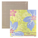 A square scrapbook paper sheet with a tropical floral design in yellow-green, lavender-blue, and pink, shown with a coordinating taupe backing sheet on a white background.