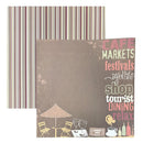 A sheet of patterned scrapbook paper featuring a cafe theme, with a large brown central panel displaying text like 'CAFE MARKETS' and 'lightlife shop tourist dining relax,' alongside small cafe illustrations, next to a matching vertical striped border in brown, beige, and burgundy tones.