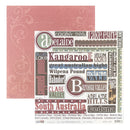 A sheet of scrapbook paper from BTDT Designs featuring a collage of Australian place names and words in various fonts and colors, with a coordinating dusty pink patterned paper sheet partially visible behind it.