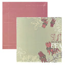 A square decorative paper card or scrapbook paper sample shown on a white background, with a second plain matching paper sheet behind it. The front sheet has a muted sage-green base, distressed edges, white floral line art, and red flower clusters with the words 'sturt desert pea.