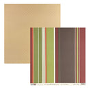 Two square patterned paper sheets. One in beige with a subtle geometric pattern and the other in a multicolor striped design featuring green, brown, red, and white vertical stripes.