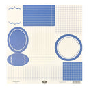 A sheet of scrapbook paper featuring various blue geometric templates and borders on an off-white background, with the text 'Simple letters' and a barcode at the bottom.
