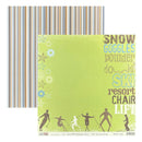 A sheet of scrapbooking paper with a lime green winter-themed design, featuring silhouettes of people skiing, snowflake motifs, and text reading 'SNOW GOGGLES powder downhill SKI resort CHAIR LIFT,' shown with a striped backing sheet on a white background.