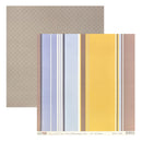 Two square paper sheets from BTDT Designs displayed on a white background. The top sheet has a muted taupe-beige geometric pattern, and the bottom sheet features vertical stripes in pastel blue, lavender, yellow, brown, and white.